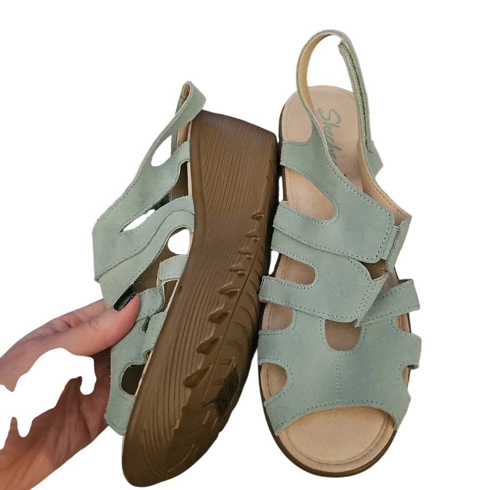 SKECHERS Shoes 9 STYLIN Memory Foam Mint Platform Wedge Slingback Suede NEW